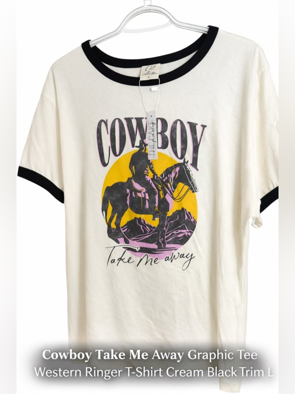 Cowboy Take Me Away Graphic Tee Western Ringer Cream Black Trim Boho Country L